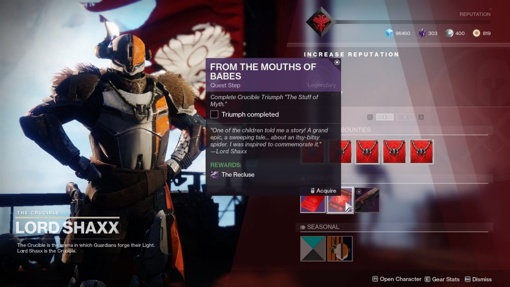 Destiny 2 Recluse Quest Completion By TOP PVP Player PS4/XBOX/PC 