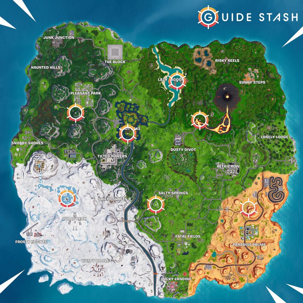 Flaming Hoop Locations Map Fortnite Season 8 1024x1024 - Launch Through Flaming Hoops with a Cannon in Fortnite