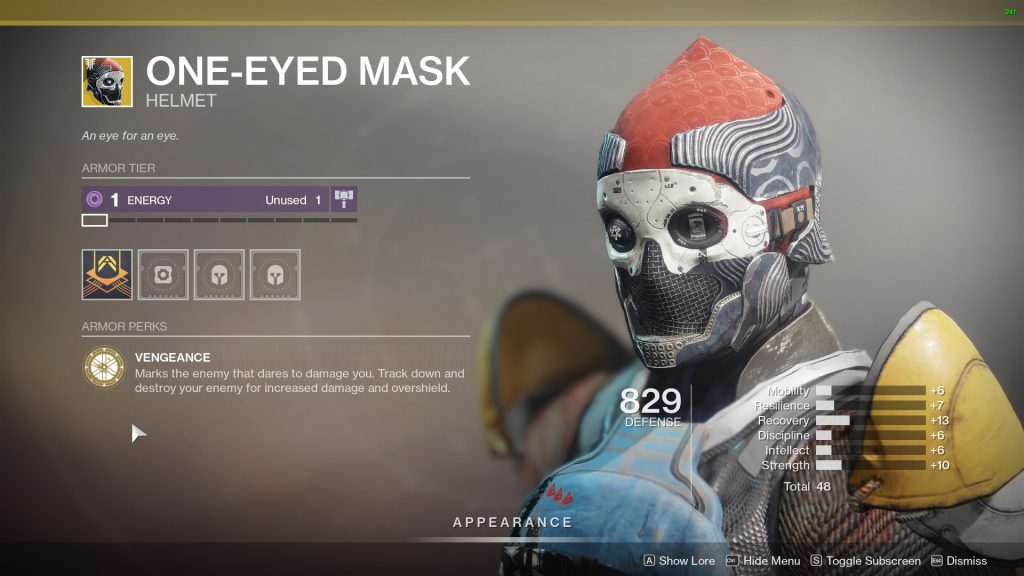 One Eyed Mask perks destiny 2 1024x576 - One-Eyed Mask, Titan Exotic Helmet - Destiny 2
