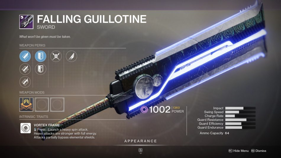 Falling Guillotine God Roll Destiny 2 Guide Stash