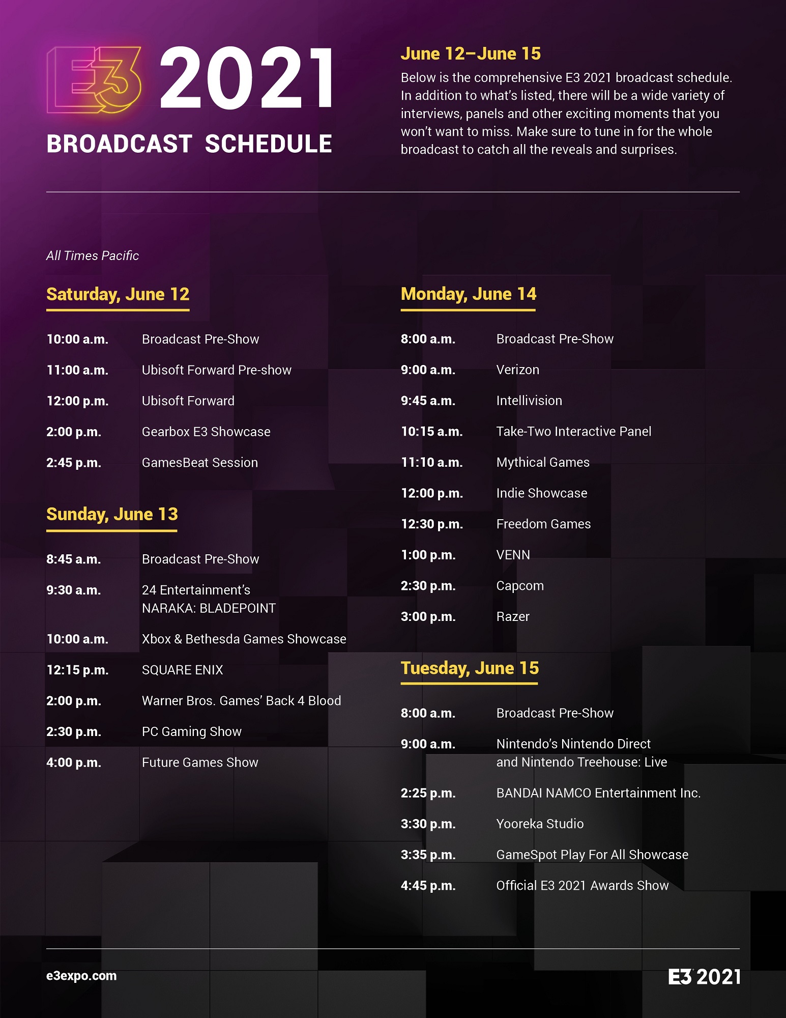 E3 2021 Broadcast Schedule Now Available - Guide Stash